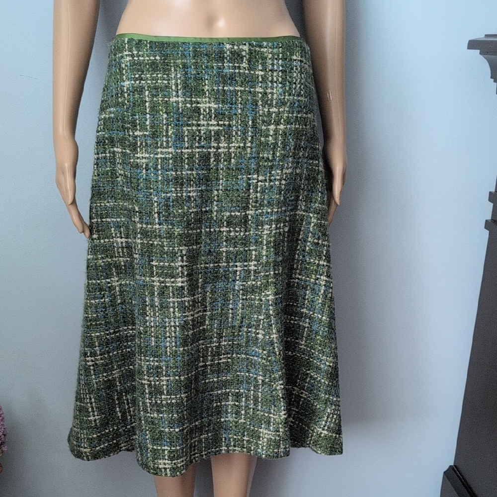 DANIER Made in Canada Wool Blend Tweed Midi Skirt Green Blue Plaid Size 8 - Picture 3 of 16